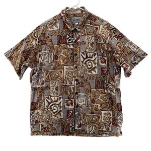 Local Motion Shirt Mens XL Brown Gray Red Abstract Hawaiian Button Up 90s Aloha